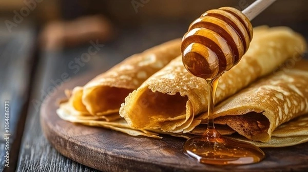 Fototapeta Delicious Crepes Drizzled with Honey on a Wooden Board