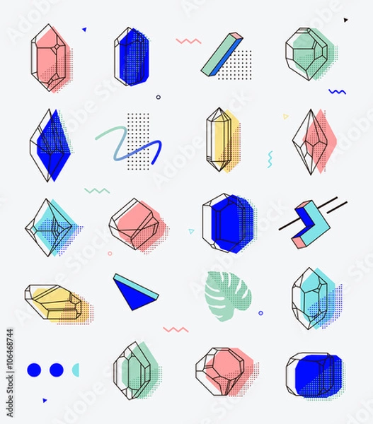 Obraz Set of space objects crystals with geometric shapes.