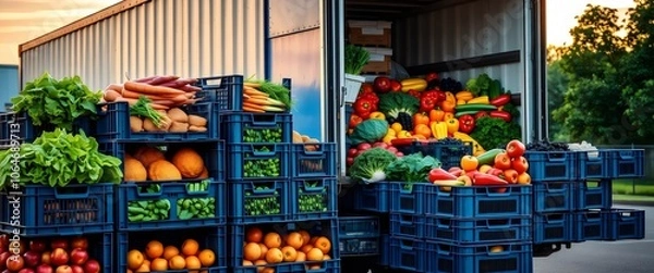 Obraz Produce Delivery Truck: Sunset, Crates, Boxes, Abundant Produce