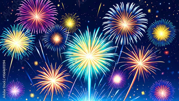 Fototapeta a vibrant cityscape photograph featuring a nighttime skyline with a series of large, colorful fireworks exploding in the sky. The fireworks display a range of colors,