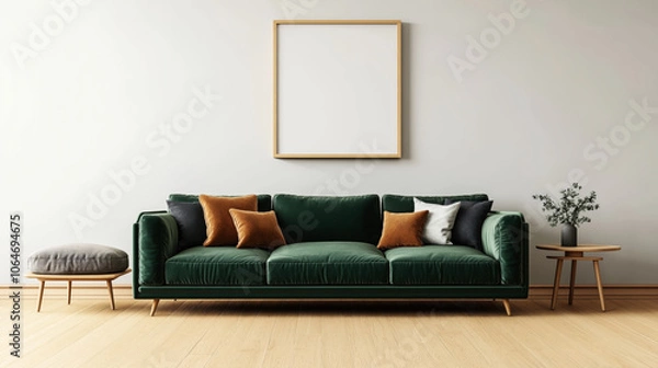 Obraz Modern living room with a green velvet sofa, multiple cushions in orange and gray, a wooden coffee table with a vase, and a blank picture frame above the sofa