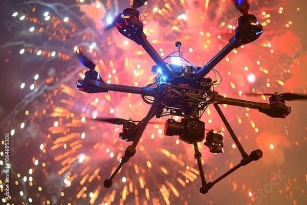 Fototapeta Fireworks display filmed from a drone on International Drone Day