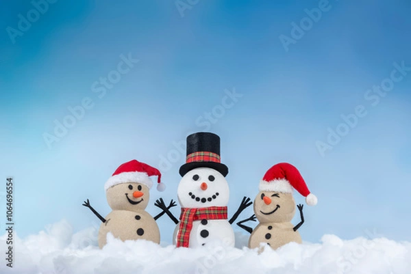 Obraz A joyful snowman and two sandy snowmen pose together for a Christmas and New Year celebration! With a snowy backdrop and blue sky, this mix of winter and beach vibes brings a fresh holiday twist.