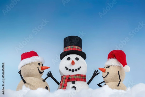 Obraz A joyful snowman and two sandy snowmen pose together for a Christmas and New Year celebration! With a snowy backdrop and blue sky, this mix of winter and beach vibes brings a fresh holiday twist.