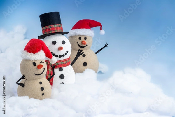 Obraz A joyful snowman and two sandy snowmen pose together for a Christmas and New Year celebration! With a snowy backdrop and blue sky, this mix of winter and beach vibes brings a fresh holiday twist