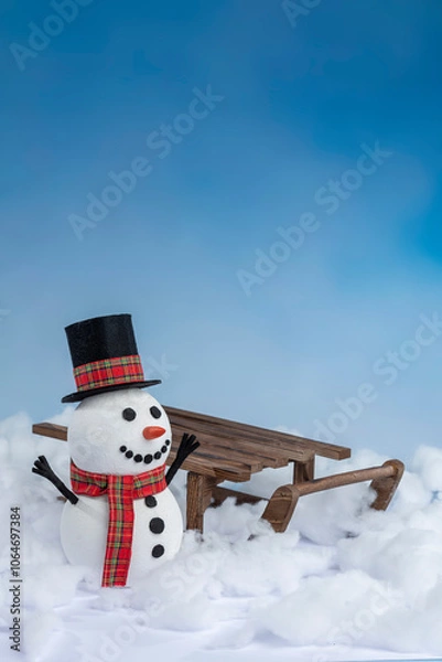 Obraz A happy snowman in a top hat and scarf, arms up and ready for winter fun! Posing with a sled on a snowy background and bright blue sky.