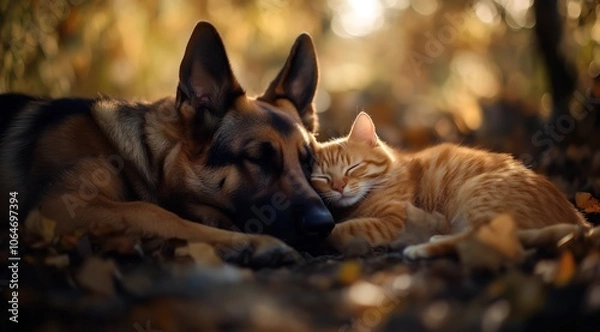 Obraz Un chien de race berger allemand à poil long et un chat allongés ensemble sur le sol, dormant profondément, thème de couleur automnal.