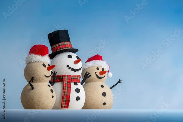 Obraz A joyful snowman and two sandy snowmen pose together for a Christmas and New Year celebration! This mix of winter and beach vibes brings a fresh holiday twist.