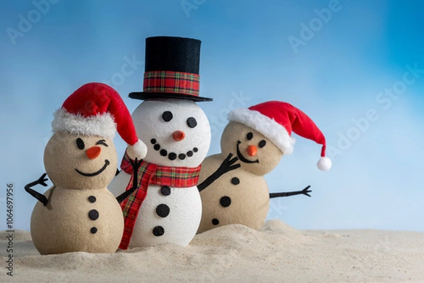 Obraz A joyful snowman and two sandy snowmen pose together for a Christmas and New Year celebration! With a snowy backdrop and blue sky, this mix of winter and beach vibes brings a fresh holiday twist.
