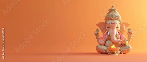 Fototapeta Close up photo of Lord Ganesha with a diya (oil lamp) a lot of copy space on the left