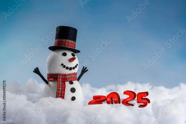 Obraz A happy snowman in a top hat and scarf, arms up and ready for winter fun! Set against a snowy background and bright blue sky.