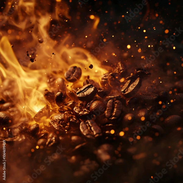 Fototapeta A dramatic close-up of coffee beans surrounded by flames and sparks, conveying a sense of intensity and richness for food.