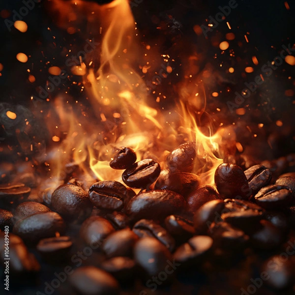 Fototapeta A captivating close-up of roasted coffee beans igniting in flames, creating an intense and dynamic visual for food.