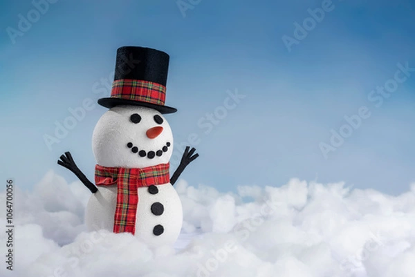 Obraz A happy snowman in a top hat and scarf, arms up and ready for winter fun! Set against a snowy background and bright blue sky.