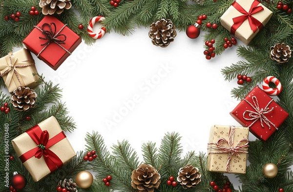 Obraz Christmas-Themed Frame with Gifts, Candy Canes, and Evergreen Branches  isolated on a PNG background. 