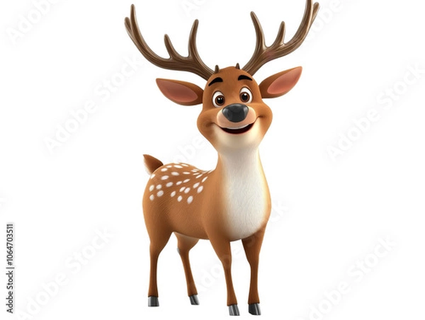 Obraz Vibrant 3D Cartoon Deer, whimsical design, intricate antlers, playful expression, colorful backdrop, imaginative character art.