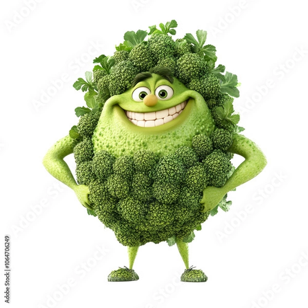 Fototapeta Cheerful Broccoli Character, vibrant cartoon illustration of a joyful broccoli with expressive eyes and a friendly smile, engaging in playful antics