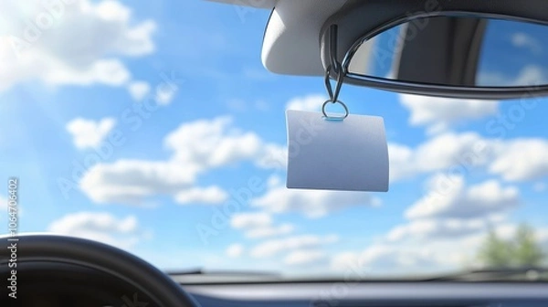 Fototapeta A car air freshener hangs from the dashboard with a clear view of clouds and blue sky outside