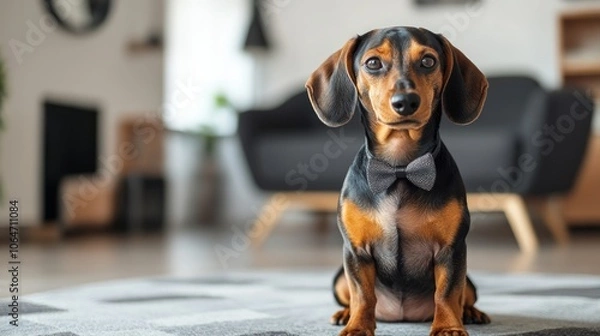 Obraz A dachshund dog wearing a bow tie sits on a rug in a living room.