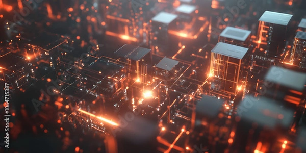 Obraz Digital Cityscape: A mesmerizing abstract 3D illustration of a futuristic cityscape with glowing lights, representing the interconnectedness of the digital world.  