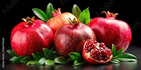 Fototapeta Fresh juicy pomegranates with leaves isolated on black background , Pomegranate, organic, fruit, healthy, antioxidant, red