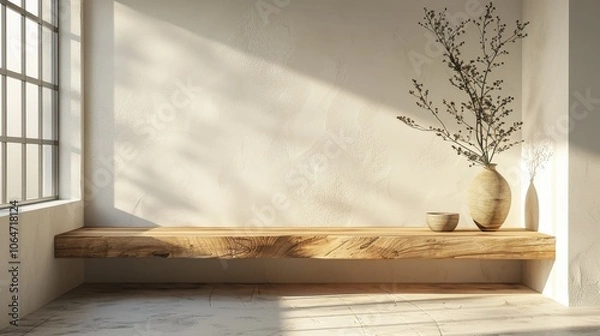 Fototapeta A white wall with a wooden shelf and a vase on it. Generative AI