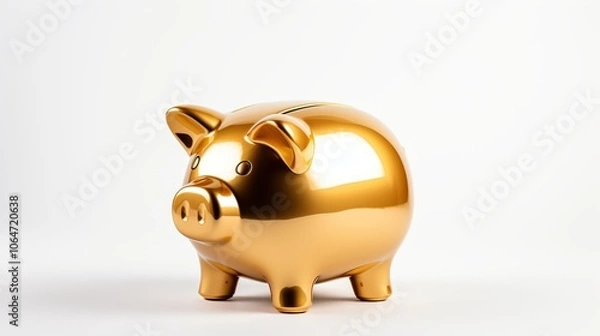 Fototapeta A gold piggy bank sits on a white background. Generative AI