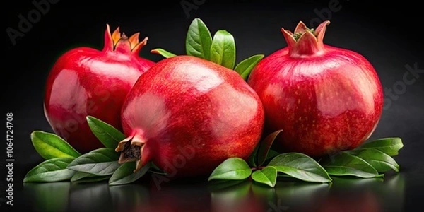 Fototapeta Fresh juicy Pomegranates with leaves isolated on black background. Organic Bio fruits closeup, pomegranate, fresh, juicy