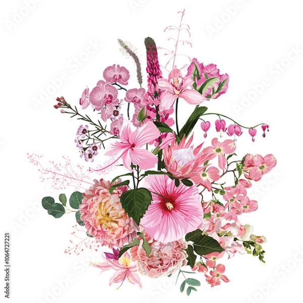 Obraz Hand drawn illustration of a beautiful hibiscus, tulip, lotus and tropical, spring pink flowers bouquet. Element for wedding invitation, Valentine or others.