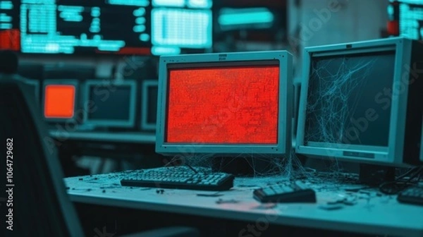 Fototapeta Abandoned and neglected trading desk with cobwebs forming over a digital screen displaying the aftermath of a deep market crash evoking a sense of industrial decay and financial disaster