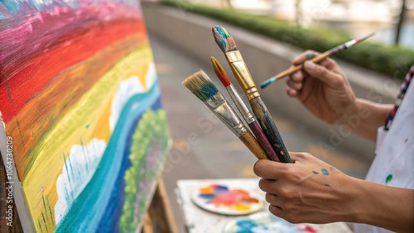 Obraz Close up of an artist hands holding paint brushes with a colorful canvas in the background