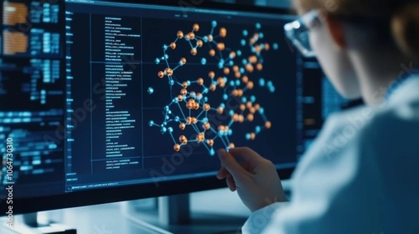 Fototapeta In Silico Drug Modeling with 3D Molecule Visualisation on Computer Screen   Close up of Scientist s Hands Manipulating Complex Molecule Model with Background of Floating Graphs and Chemical Data