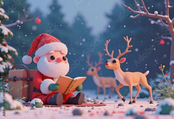 Fototapeta Santa reading book in snowy park with reindeer nearby, creating magical winter scene