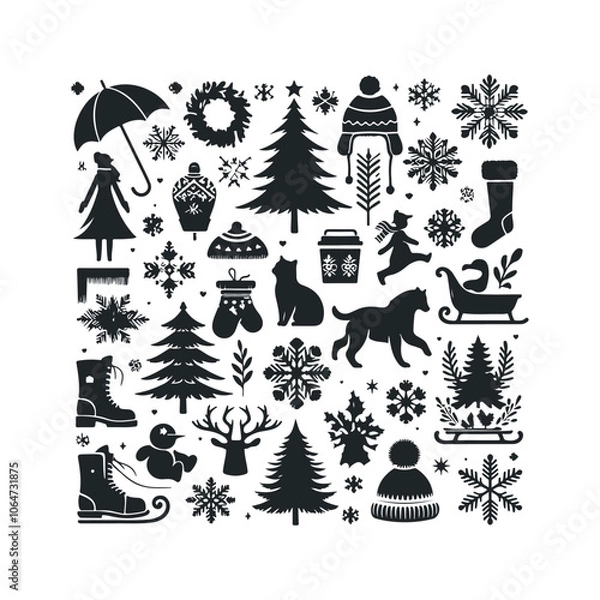 Fototapeta A set of Christmas and winter ornament elements vector illustration