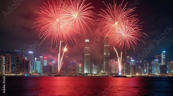 Fototapeta Vibrant 2025 New Year Celebrations with Fireworks and Festive Crowds in Stunning Cityscape