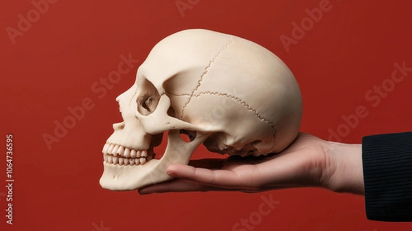 Fototapeta Human skull model held by a hand against a solid red background, emphasizing anatomy and educational concept