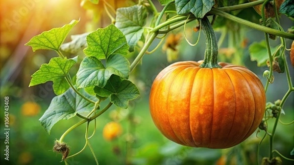 Fototapeta Lush pumpkin plant leaves and vines with tendrils, pumpkin, leaves, vines, plant, stem, tendrils, green, agriculture, growth