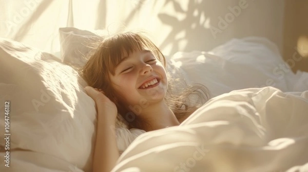 Fototapeta Young girl waking up and smiling in bed surrounded by soft morning light enjoying a new day with excitement