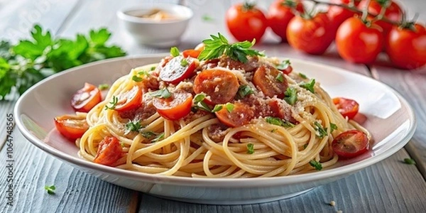 Obraz Spaghetti alla Amatriciana with crispy pancetta bacon, fresh tomatoes, and grated pecorino cheese, pasta