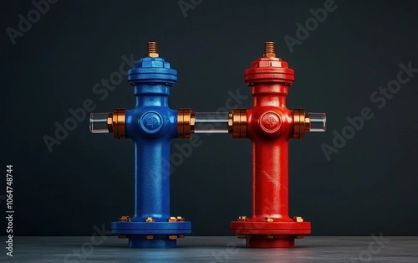 Fototapeta A detailed, high-resolution image of two fire hydrants, one bright blue and the other bold red