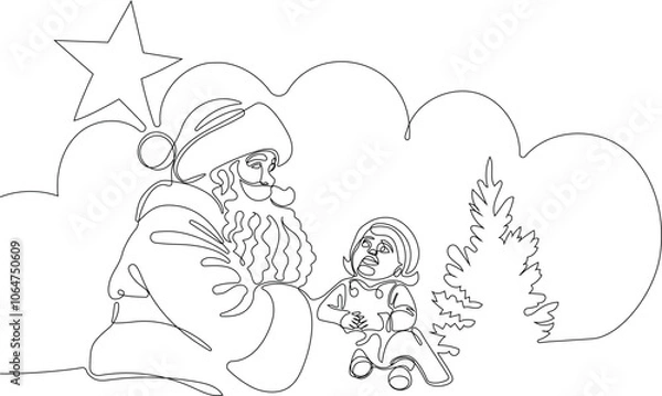 Fototapeta Outlined Cute Santa Claus Cartoon Character With A Sack Full Of Gifts. Vector Hand Drawn Illustration. One continuous line drawing Santa Claus on reindeer and sled. concept for Christmas and New Year