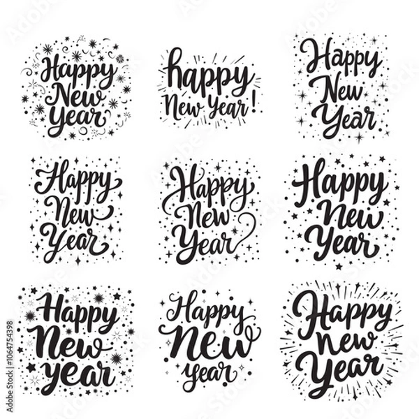Fototapeta Happy New Year lettering set. Hand drawn typography set. Vector illustration.