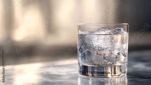 Obraz Glass of water with ice on a reflective surface.