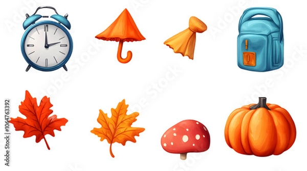 Fototapeta Autumn fun icons set isolated on transparent white background, png element. Colorful clipart alarm clock with falling leaves, umbrella, weather icons and mushroom pumpkin in glossy plastic style
