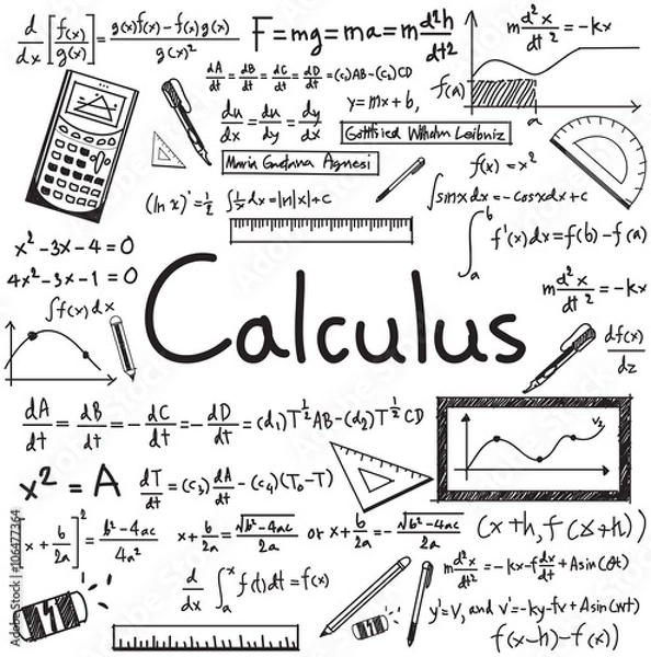Fototapeta Teoria prawa Calculus i równanie matematyczne równania doodle pisma ręcznego na białym tle papieru z ręcznie rysowanym modelem prezentacji edukacji lub tytułu przedmiotu, utwórz przez wektor