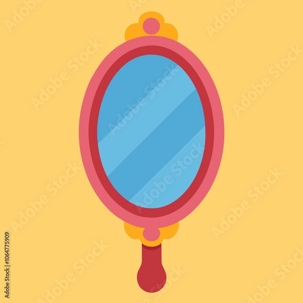 Fototapeta Hand mirror with long shadow in flat style vector illustration. Simple makeup hand mirror for women clipart cartoon style, hand drawn doodle style. Mirror with handle cute vector illustration flat des