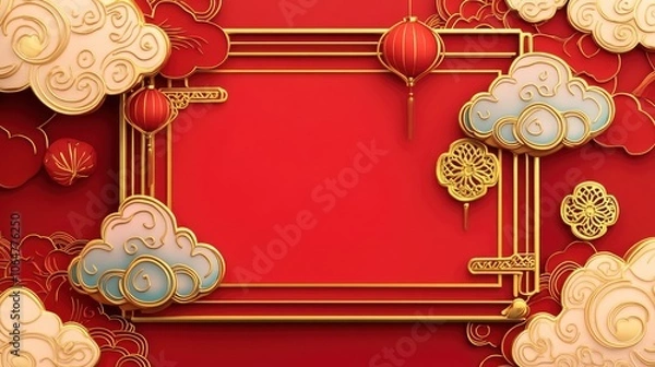 Fototapeta china ornament slot machine gold frame, cloud element, stylized, flat design, game assets, mobile game asset desging --no pagoda with generative ai