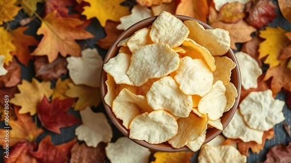Fototapeta A bowl of white poplar salted chips surrounded by autumn leaves, cozy atmosphere, rustling leaves, autumn leaves