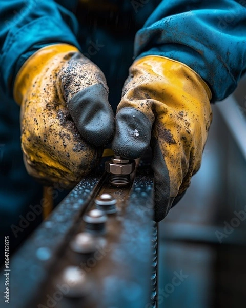 Obraz Close-up of a worker wearing protective gloves, tightening a bolt on an industrial machine with precision and care under rain