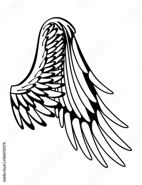Fototapeta Wings sketch. Stylized birds wings. Hand drawn contoured stiker wing in open position. Vector design elements in coloring style